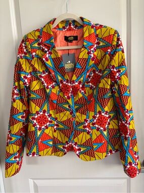 Needle Point Yellow & Red Geometric Beaded Print Women's Blazer